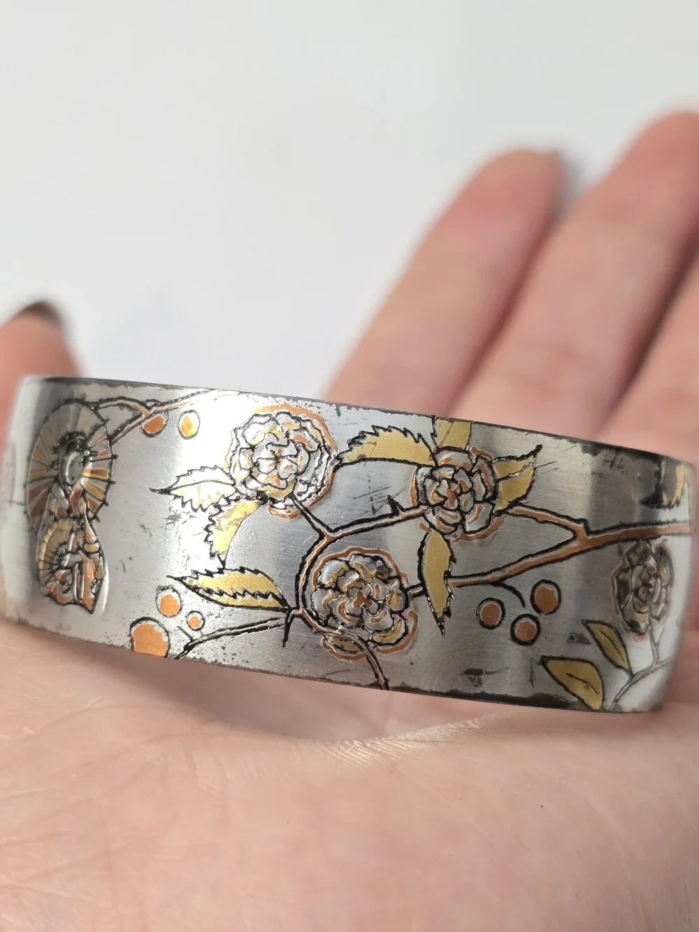 Reed & Barton Silver-Tone Daniascene Engraved Cuff Bracelet with Gold Trim